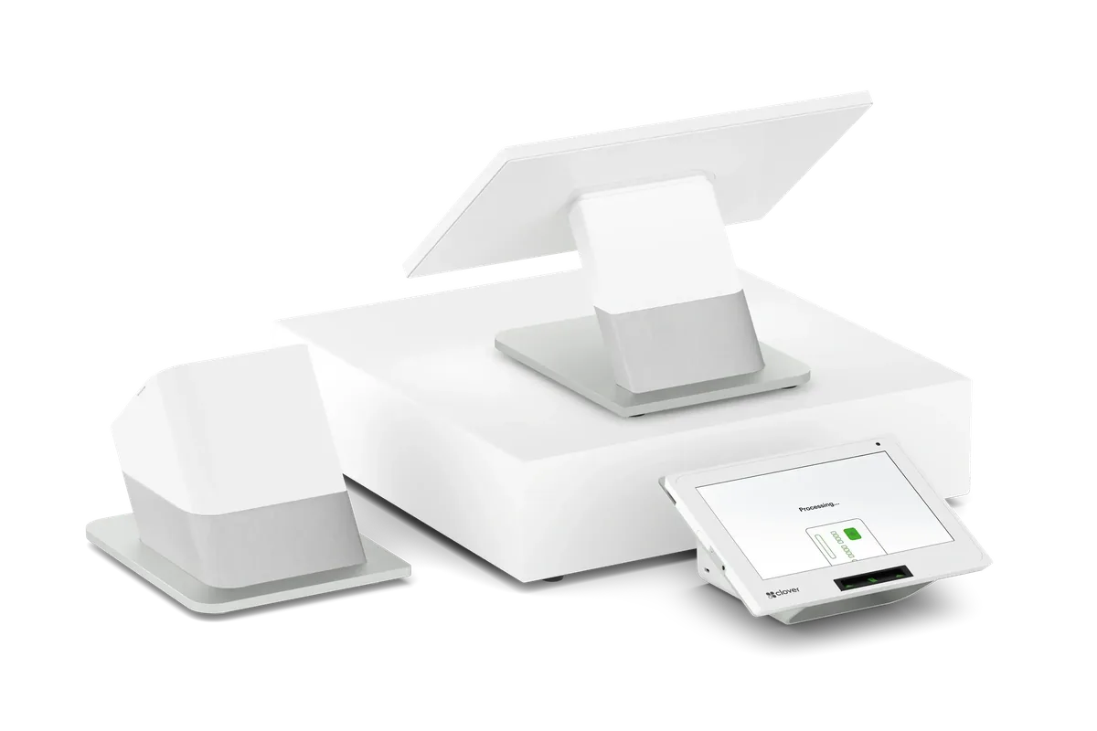 Clover point-of-sale station: a countertop touchscreen and a small customer-facing card reader
